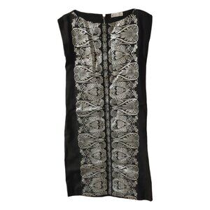 1960s Vintage Black with Silver Design Shift Dress and Sash/Headband Size Medium